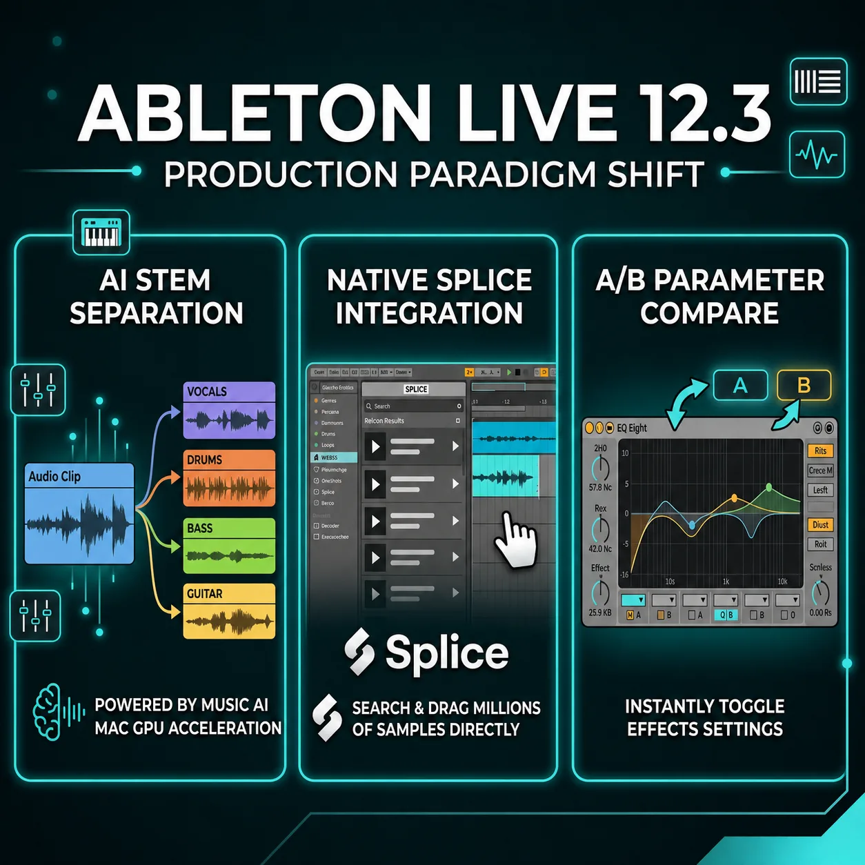 AI 스템 분리, Splice 연동, A/B 비교 세 패널로 구성된 청록색 Ableton Live 12.3 신기능 인포그래픽