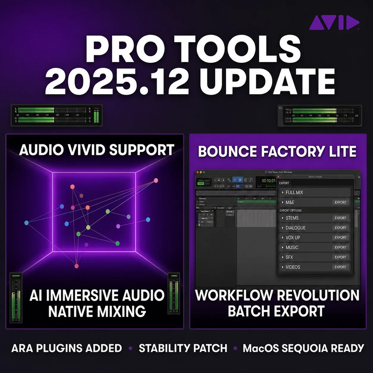 보라색 배경에 이머시브 오디오 큐브와 배치 익스포트 화면을 담은 Pro Tools 2025.12 업데이트 그래픽