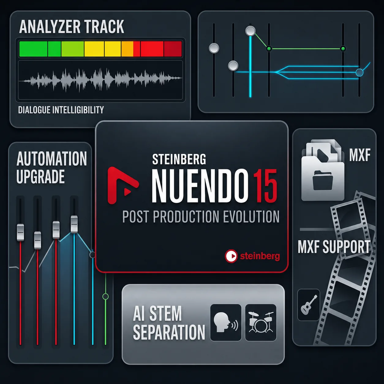 Nuendo 15 로고를 가운데 두고 대사 명료도 분석, 오토메이션, AI 스템 분리, MXF 지원 패널을 배치한 그래픽