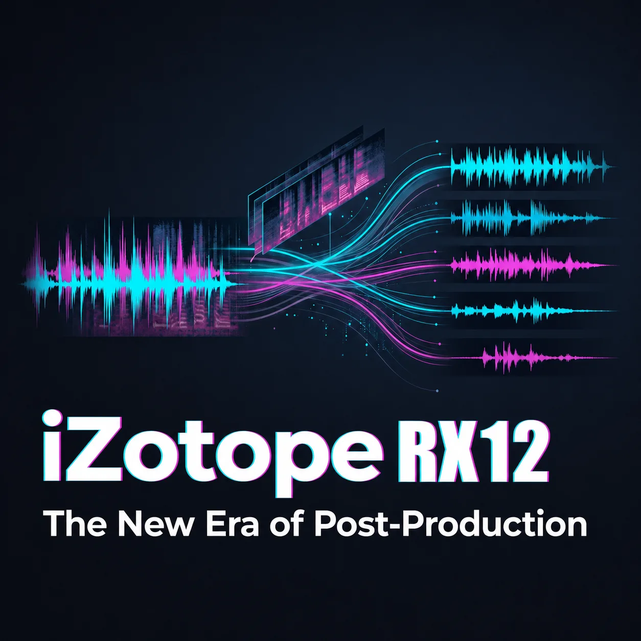 어두운 배경에서 청록색과 자홍색 파형이 여러 갈래의 스템으로 갈라지는 iZotope RX 12 소개 이미지
