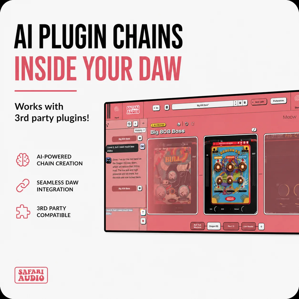 분홍 배경에 'AI Plugin Chains Inside Your DAW' 문구와 채팅으로 플러그인 체인을 짜는 Safari Audio 화면