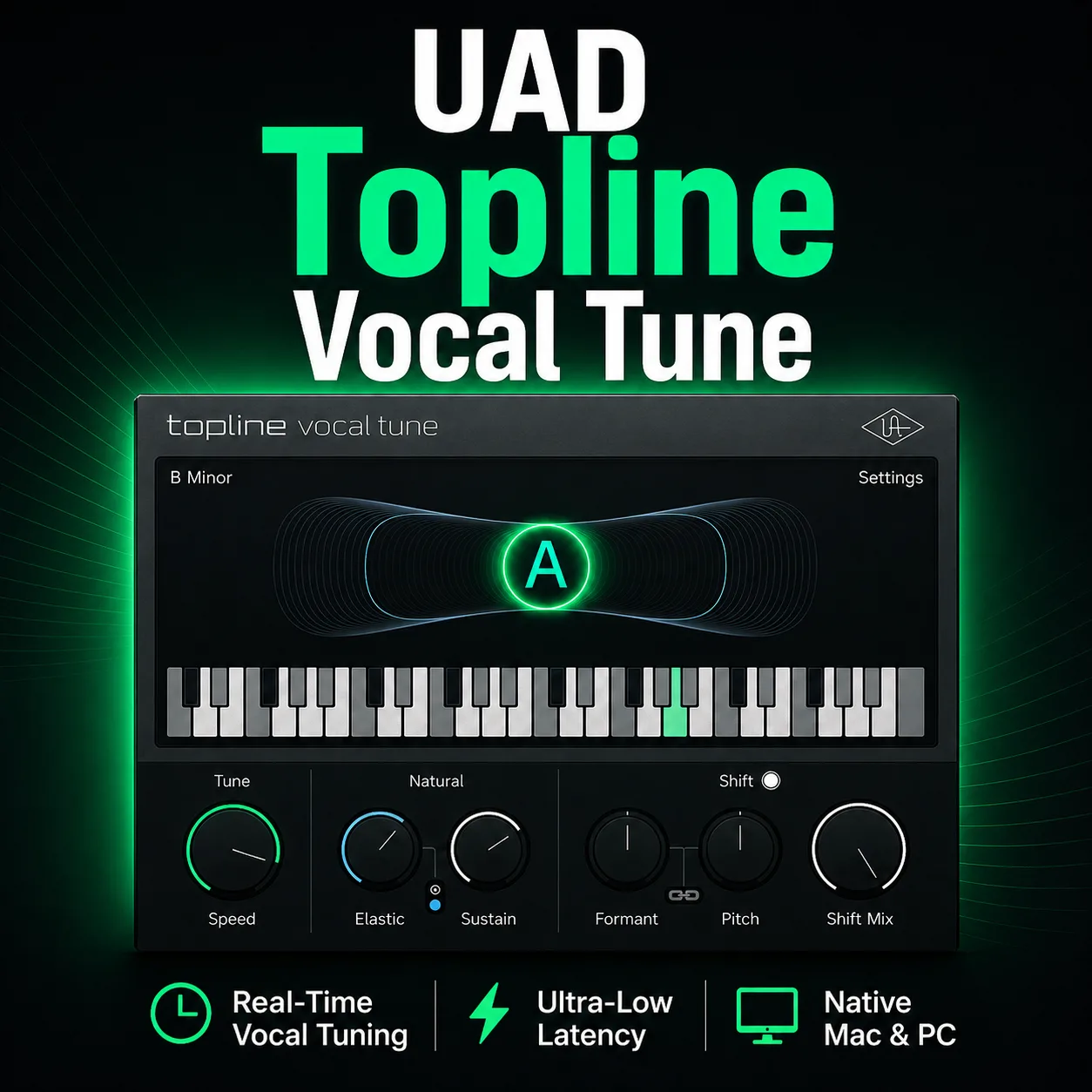 가상 건반과 음정 보정 노브가 보이는 UAD Topline Vocal Tune 플러그인 화면이 검은 배경에서 초록빛으로 빛나는 그래픽
