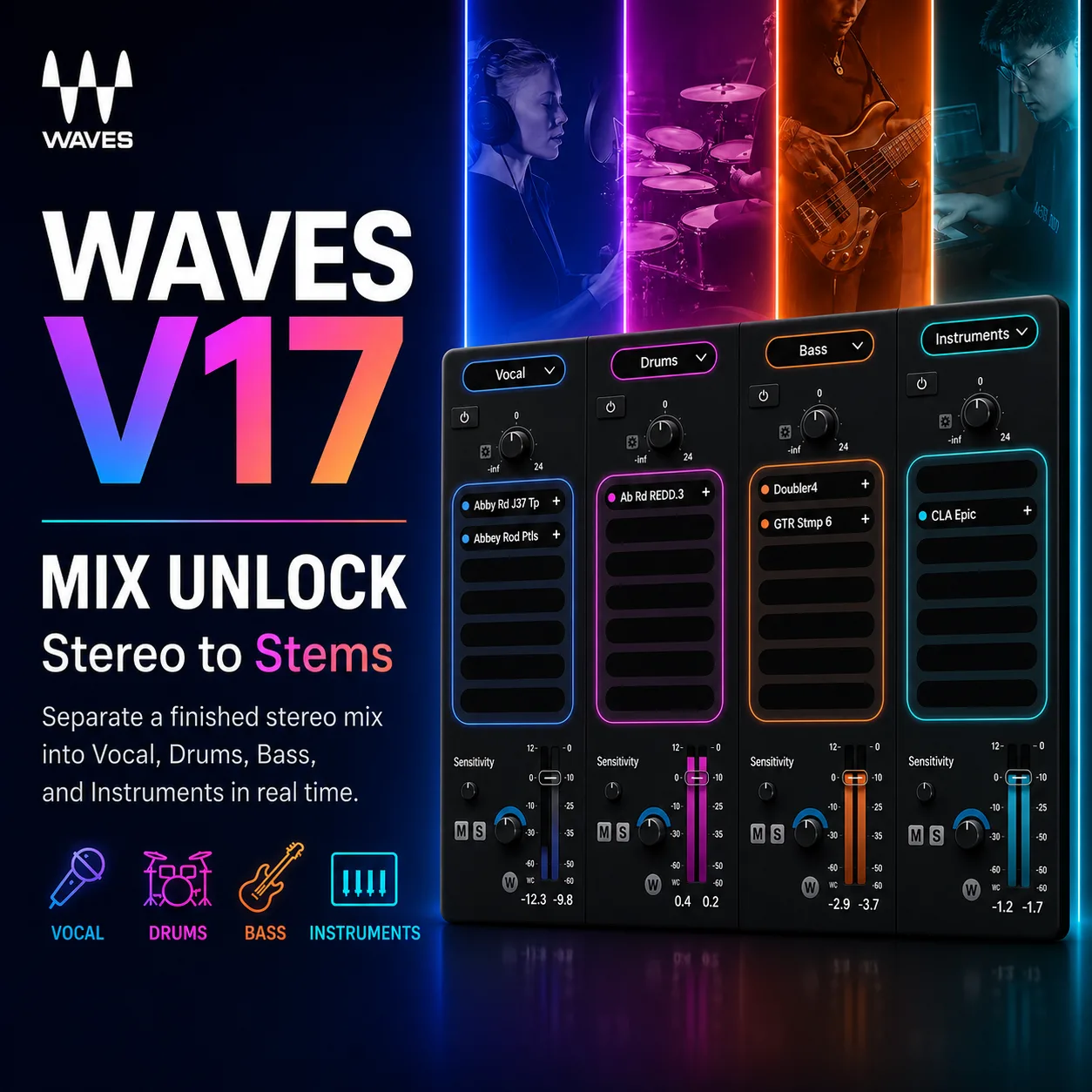 Waves V17 출시 — 완성된 스테레오 믹스를 스템으로 만드는 Mix Unlock
