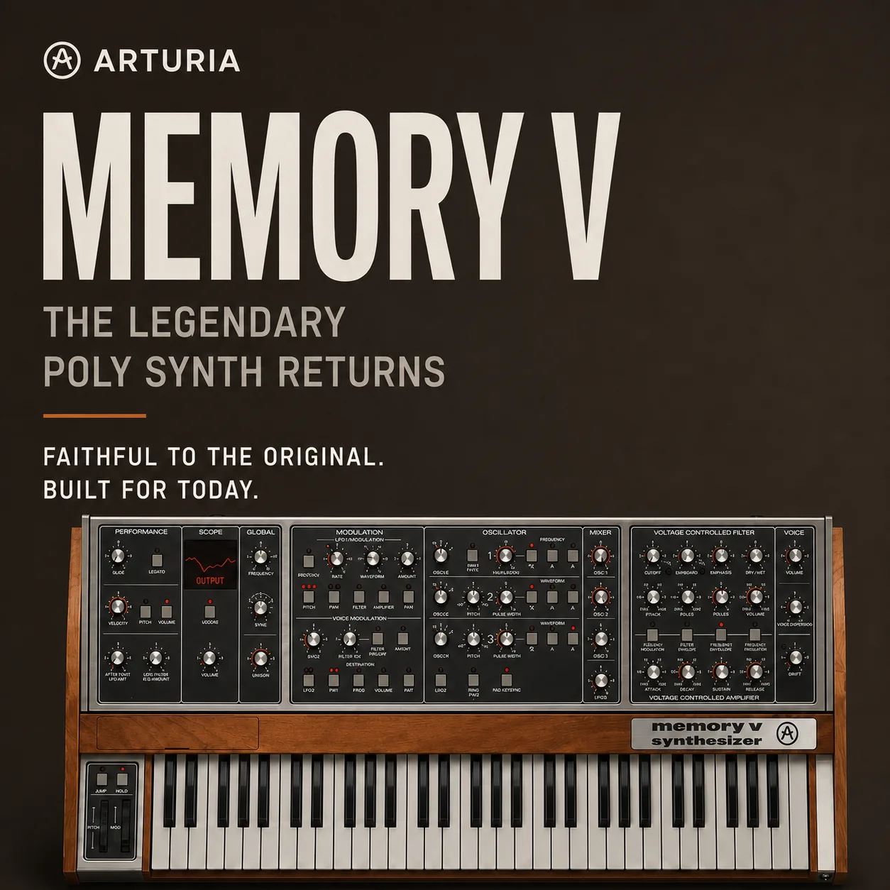 나무 몸체에 노브와 건반이 달린 빈티지 아날로그 폴리 신디사이저를 보여주는 Arturia Memory V 소개 이미지